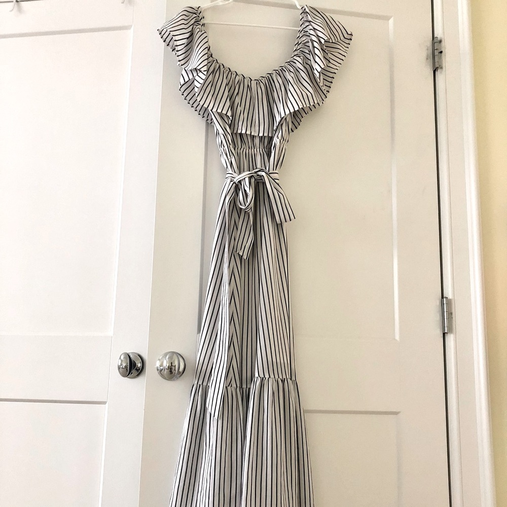 off shoulder maxi ruffle dress with tie